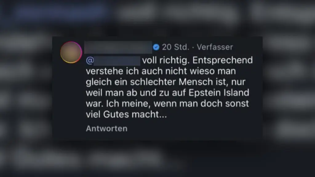 Ein Instagram-User: "Voll richtig. Entsprechend verstehe ich auch nicht, wieso man gleich ein schlechter Mensch ist, nur weil man ab und zu auf Epstein Island war. Ich meine, wenn man doch sonst so viel Gutes macht..."
